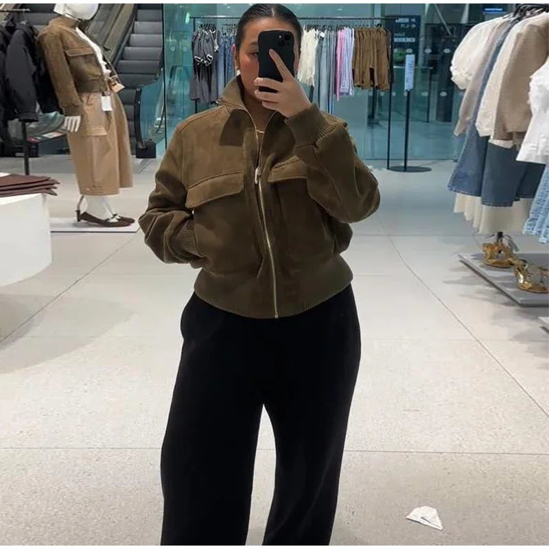 Vintage Suede Long Sleeve Jacket with Pockets for Women