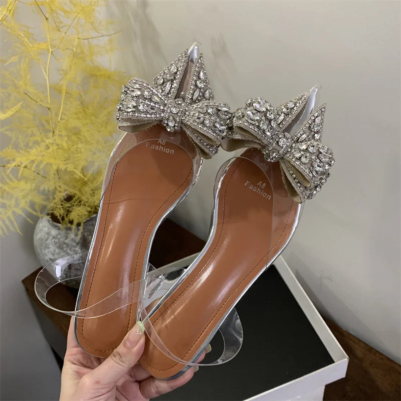 Crystal Bowknot Clear Pointed Toe Pumps for Women Wedding