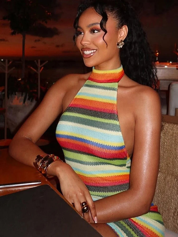 Striped Halter Backless Bodycon Mini Dress for Women