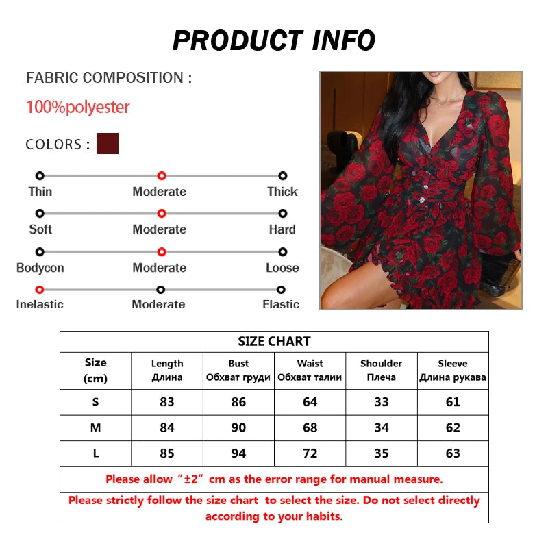 Oymimi Elegant Red Print Womens Dresses Fashion V-Neck Long Sleeve Button Dresses Casual High Waisted Ruffled Mini Dress Female