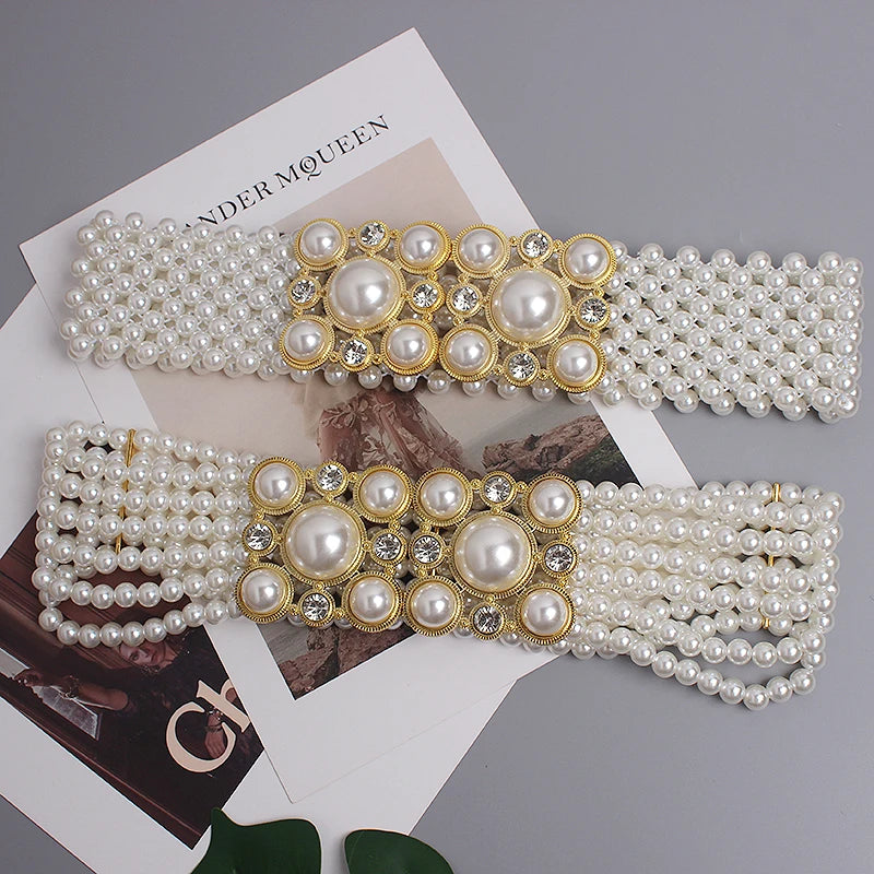 Pearl Embellished Elastic Waist Chain Belt for Women