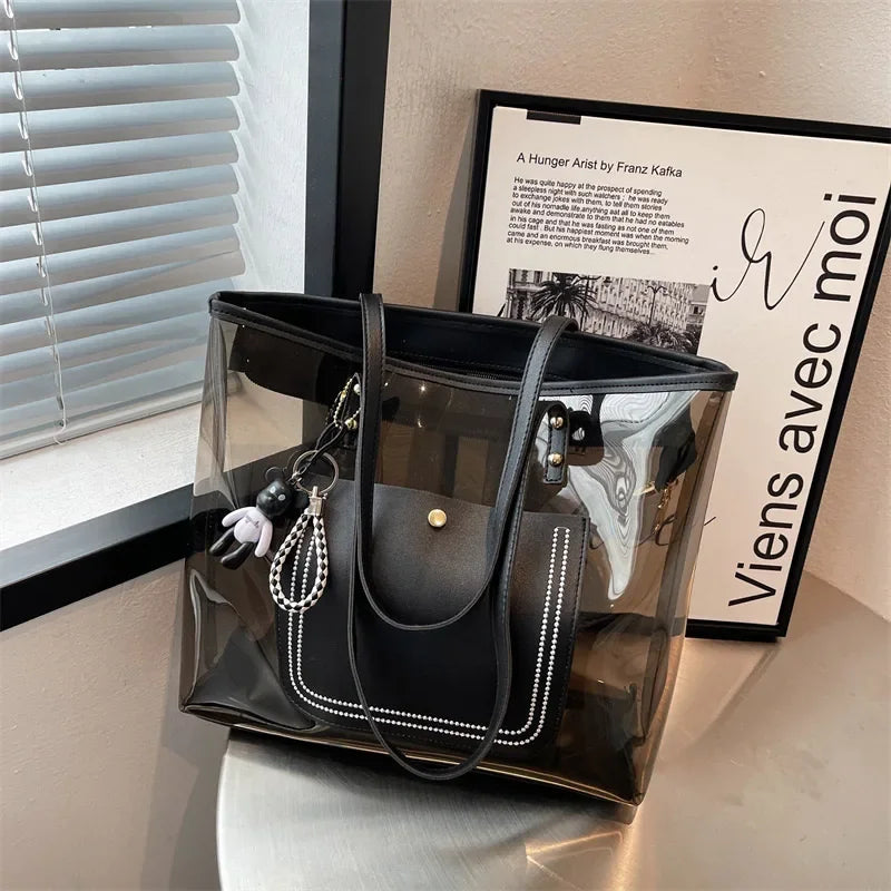 Transparent Jelly Zipper Tote Bag Large Capacity High-quality Texture Handbag Fashionable Luxury Ladies Commuter Shoulder Bag