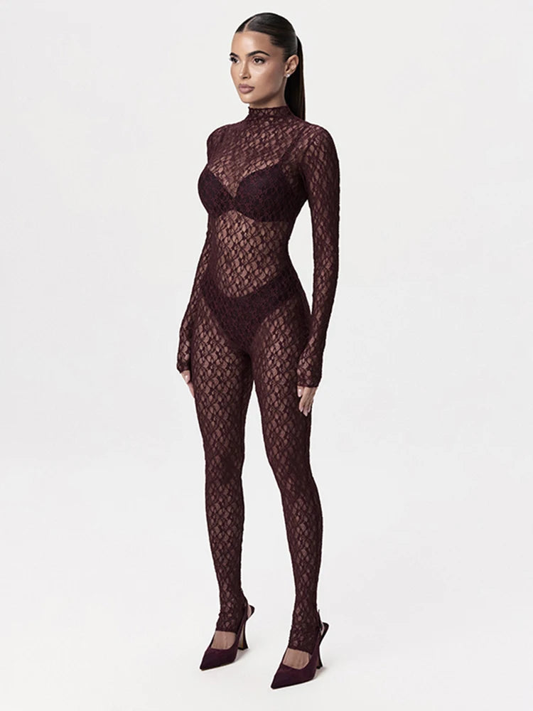 Weird Puss Sexy Women Jumpsuit 2025 Trend Jacquard Midnight Party Full Sleeve Elastic Nighout Club Fit Tight Activity Overalls