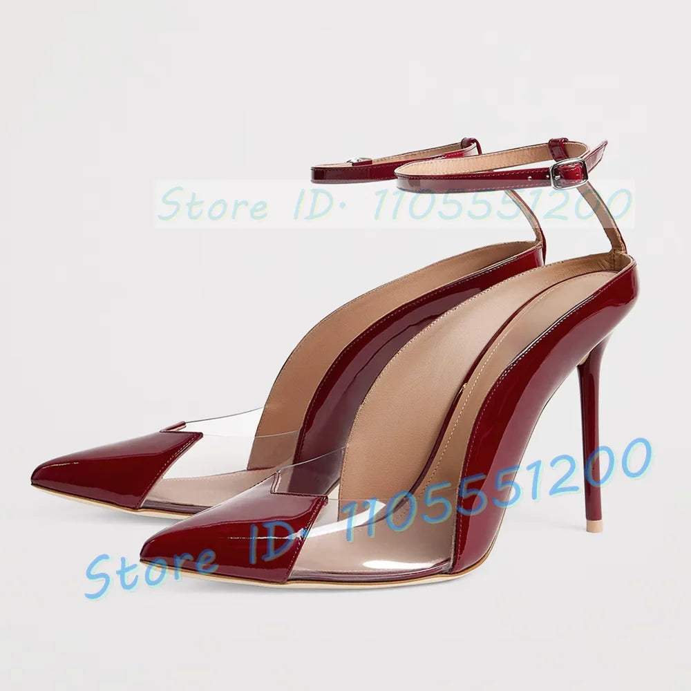 Burgundy Leather Clear PVC Stiletto Sandals for Women