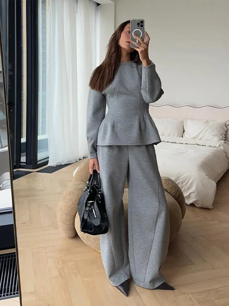 Spring Chic O-Neck Pleated Loose-Fit Two-Piece Set for Women