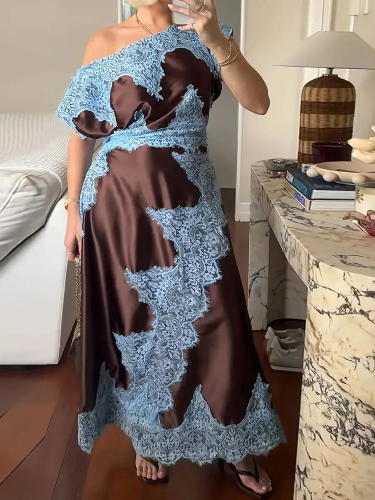 Lace Patchwork Short Sleeve Slash Neck Maxi Dress for Women
