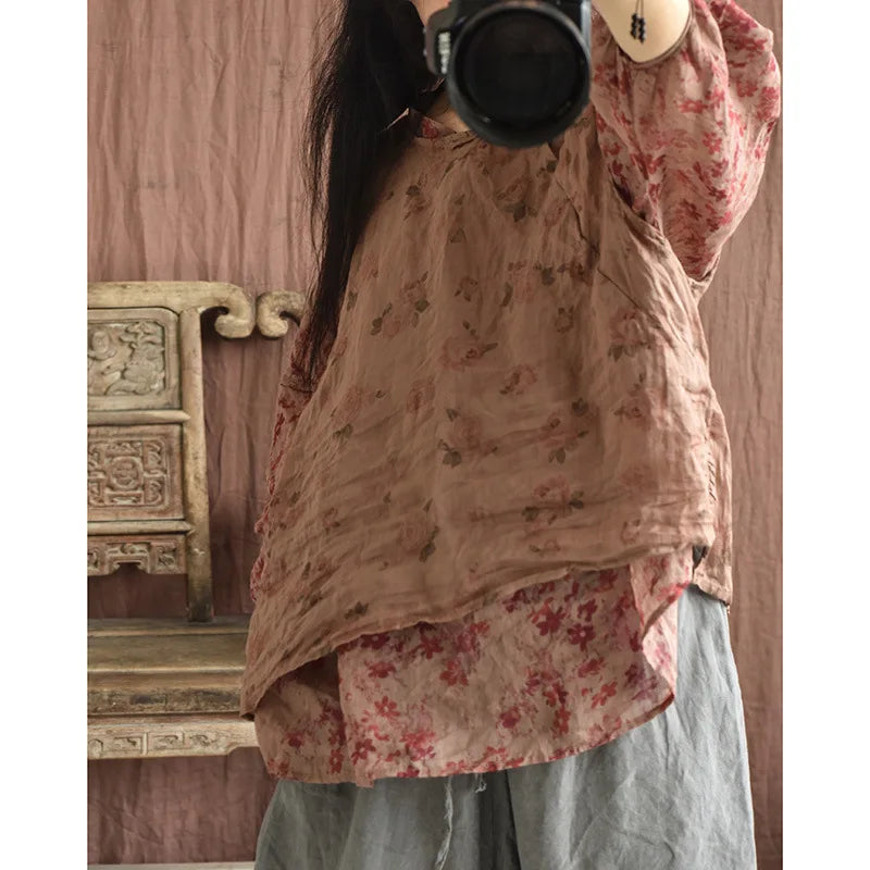 Casual Linen Tank Top With Vintage Floral Print for Women