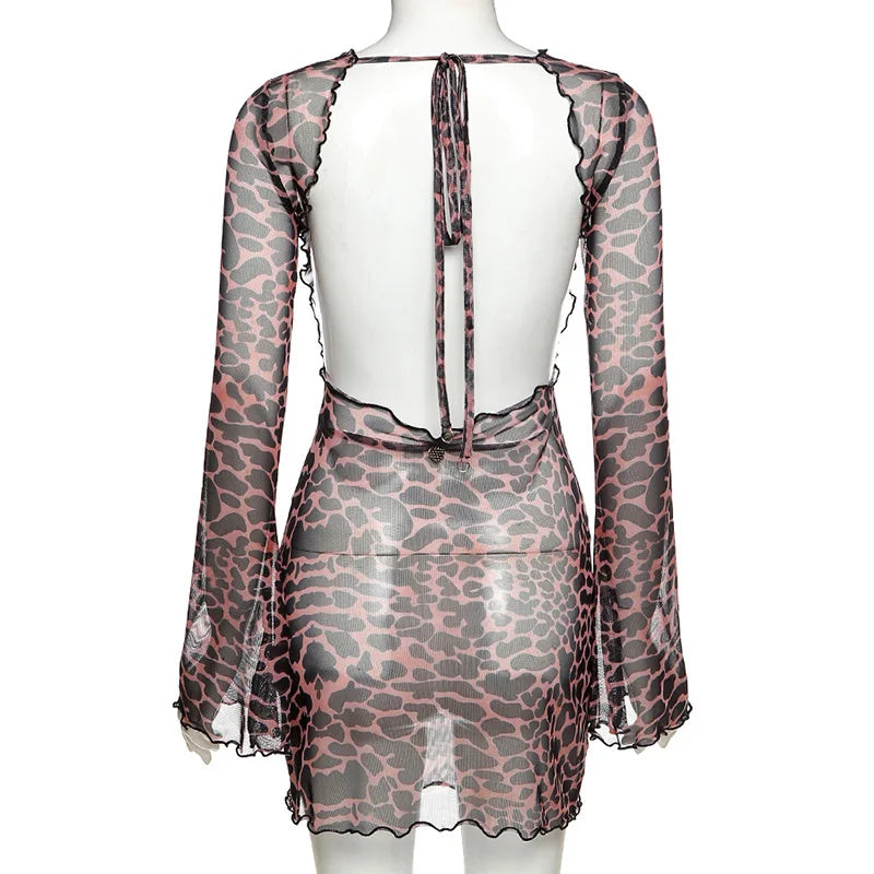 Leopard Print Backless Sheer Mesh Bodycon Dress for Women