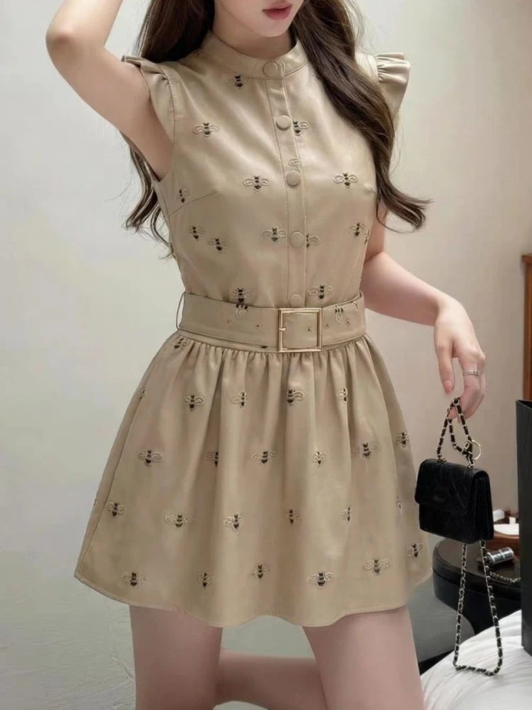 Stand Collar Slim Fit Midi Dress With Sash for Women
