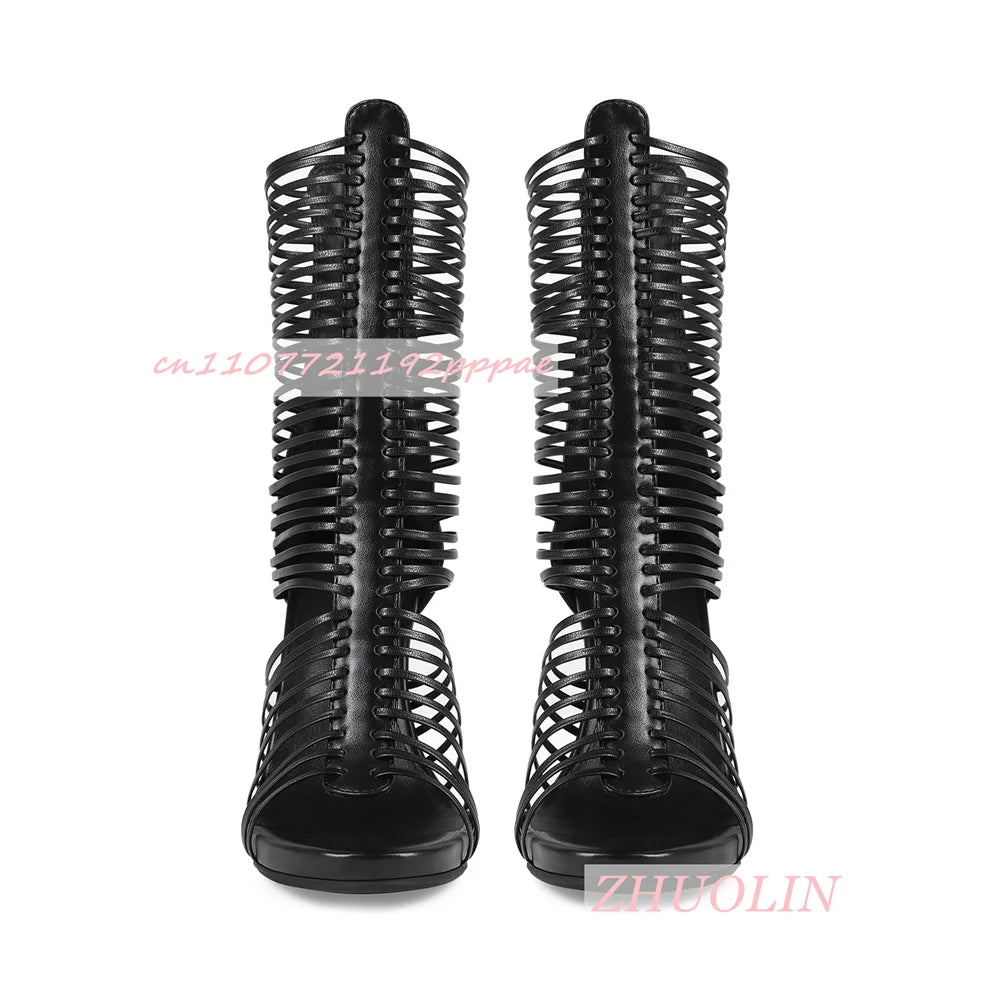 Red Fringe Gladiator Knee High Sandals Open Toe Platform for Women