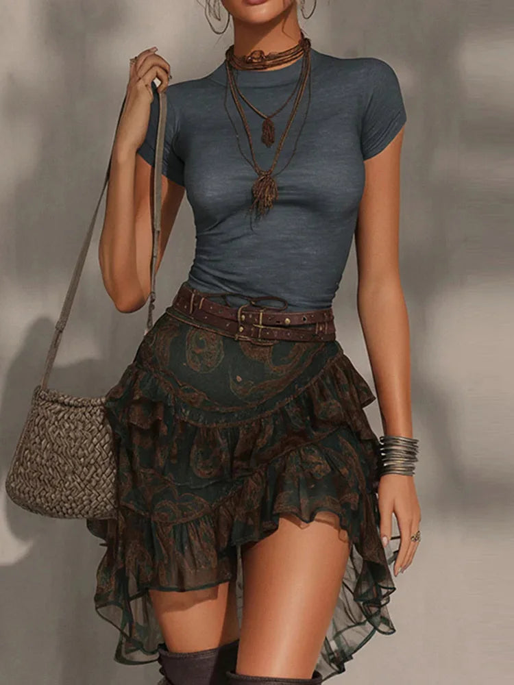 Ruffle Patchwork Mini Skirt Two Piece Set for Women