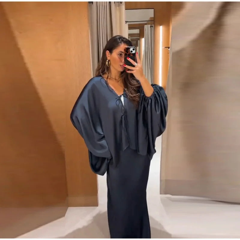 Casual Solid Batwing Sleeve Shirt Skirt Set for Women
