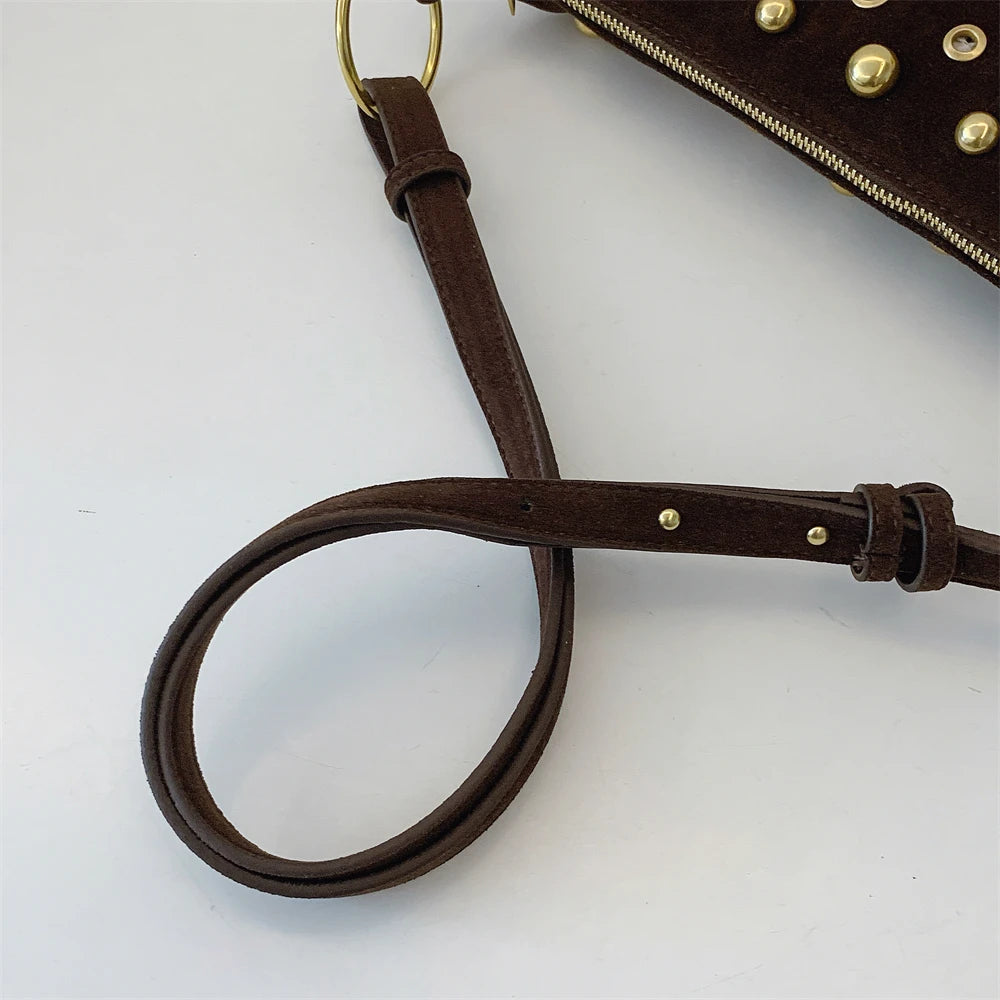 Faux Suede Rivet Half Moon Shoulder Bag for Women