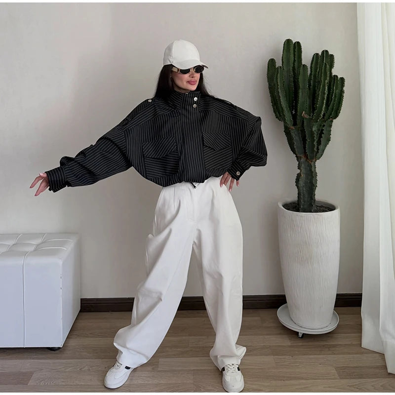 Casual Cropped Jacket With Stand Collar and Drawstring Hem for Women