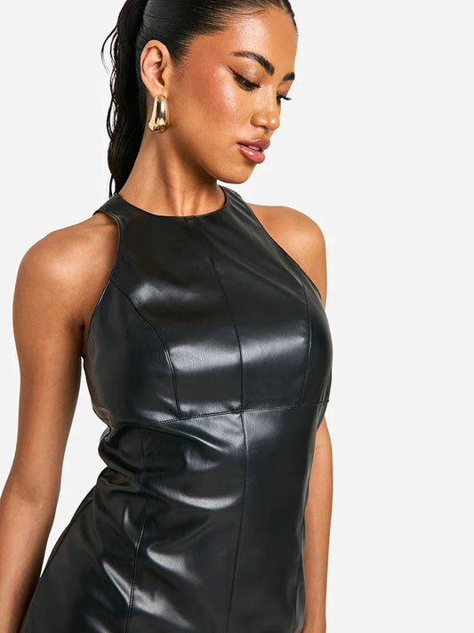 Women Faux Leather Tank Dress Stretch PU Bodycon Dress Party Ladies Sleeveless Round Neck Mini Dress Clubwear Custom New