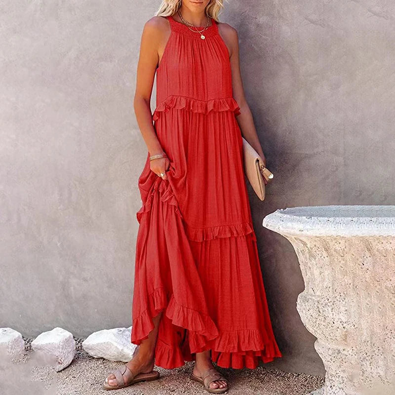 Solid Ruffled Sleeveless Maxi Sundress for Women