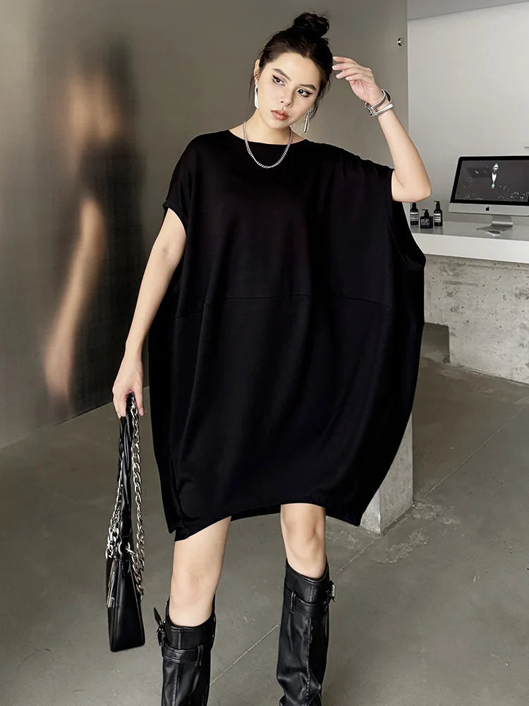 Black And White Loose Fit Cotton Mini Dress for Women
