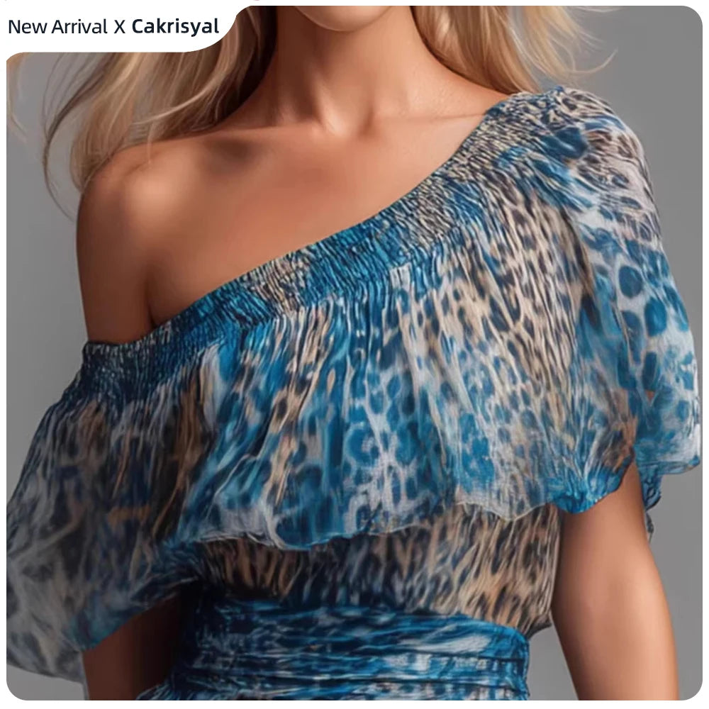 Leopard Print Ruffle Chiffon Flowing Maxi Dress for Women
