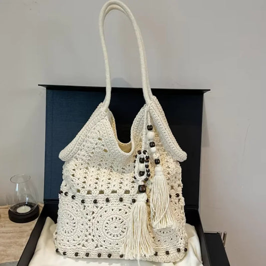 Hollow Crochet Women Bags Bohemian Large Capacity Handbags Korean Popular Bag New Tassel Cotton Shopping Bag Shoulder Bag Women