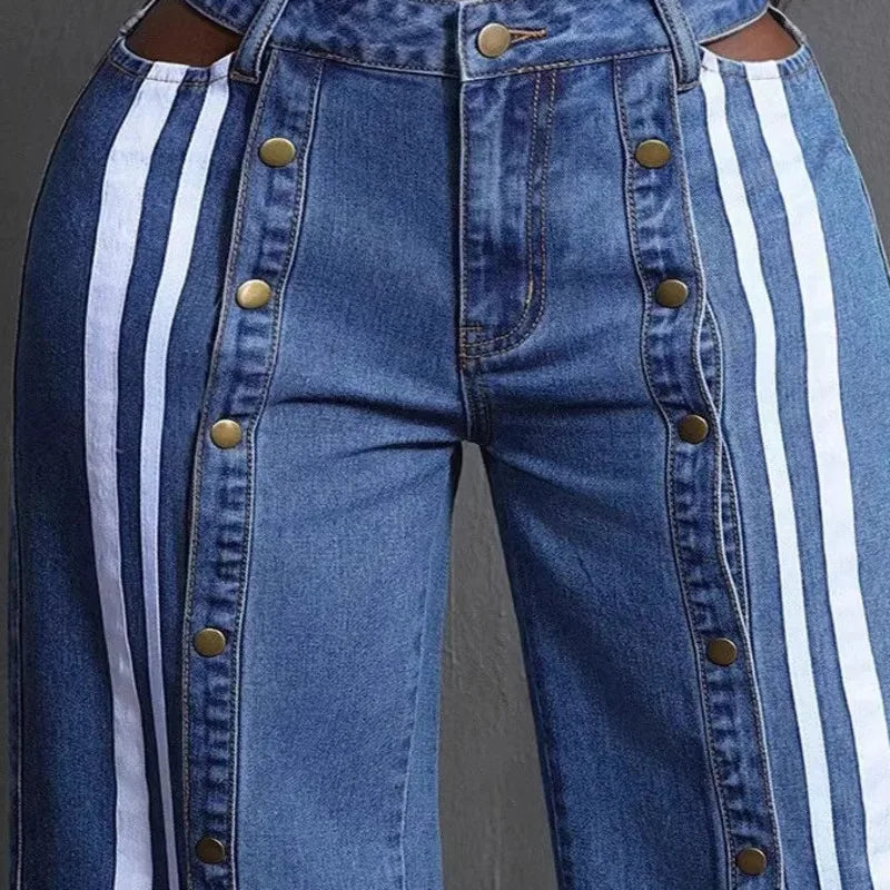 ANJY Spring Autumn New Women Streetwear Fashion Buttons Slit Striped Color Block Jeans Stylish Loose Wide-Leg Denim Pants A23331