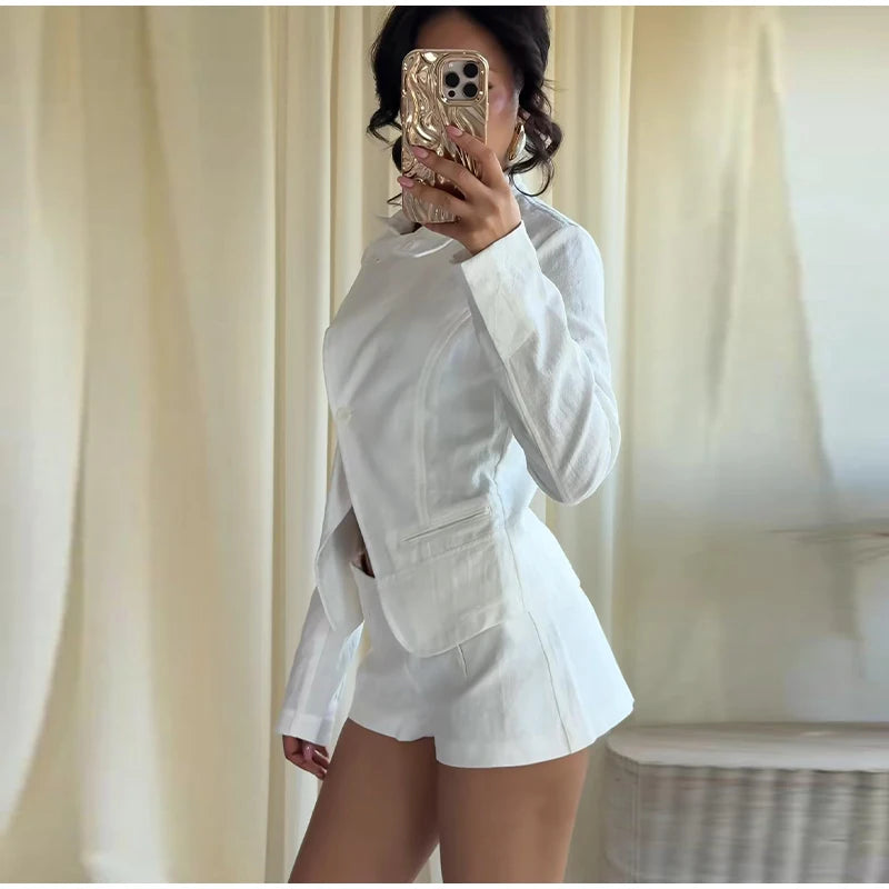 Casual Stand Collar Jacket and Shorts Set for Women