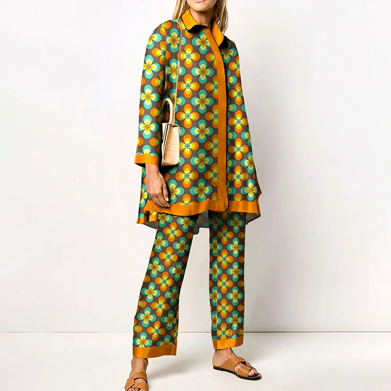 2022 Sets Womens Outfits Elegant Loungewear Print Spring Autumn 2PCS Ladies Suit Long Sleeve Wide Leg Pants Loose Fit Streetwear