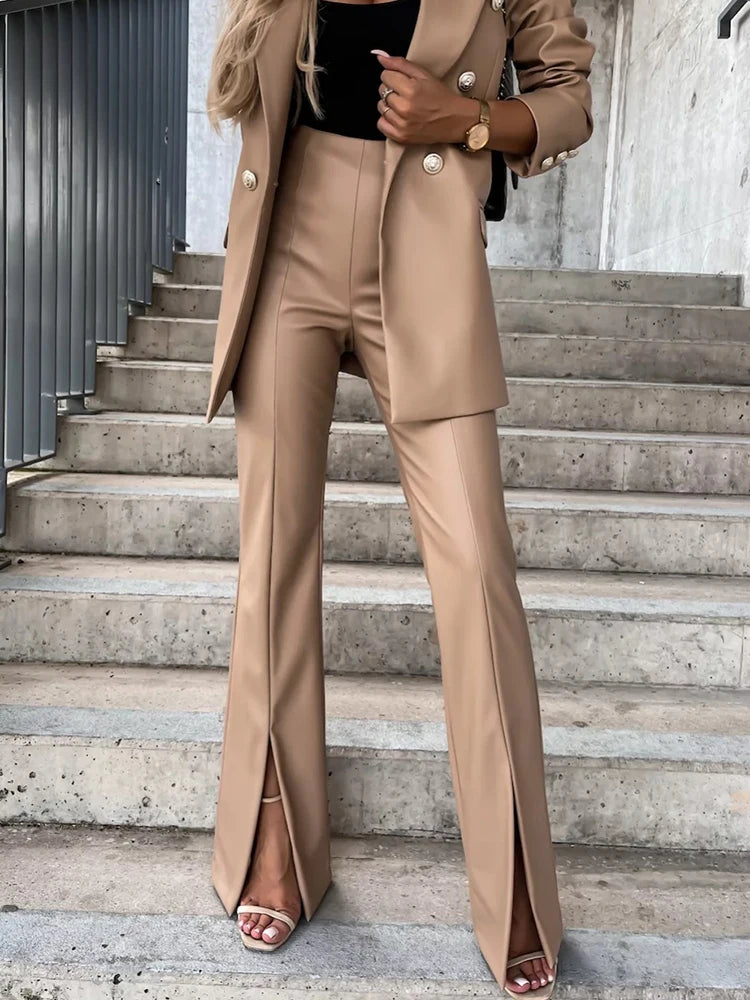 High Waisted Slim Vintage Flare PU Trousers for Women