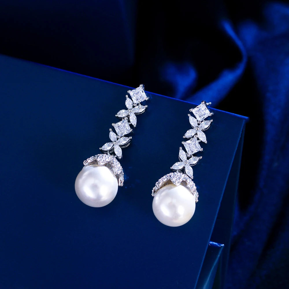 Elegant Cubic Zirconia Leaf Pearl Drop Earrings for Women