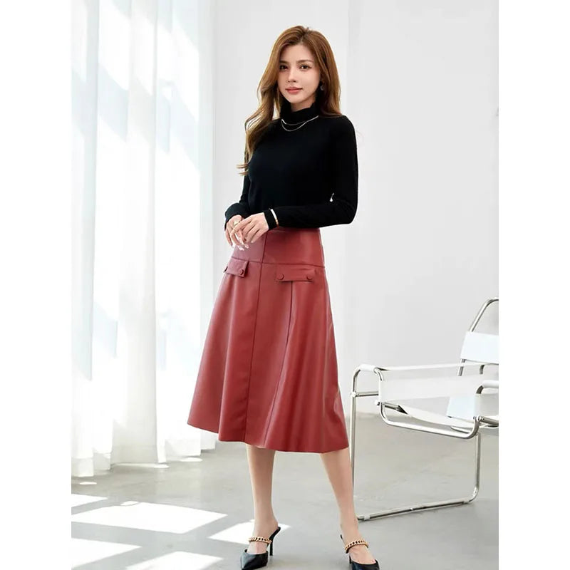 Long Skirts For Women 2025 New Korean Fashion High Waisted Genuine Leather Skirt Elegant A Line Casual Style Streetwear