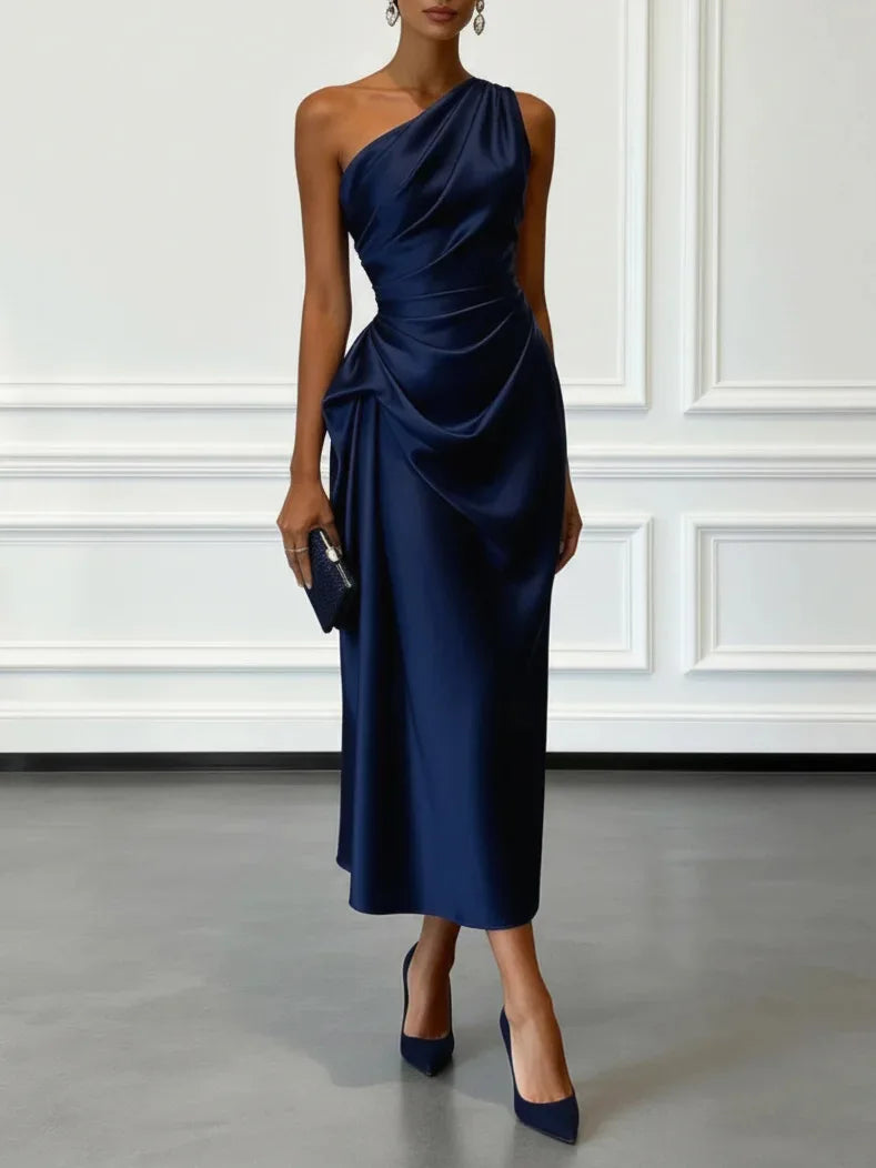 Elegant Satin Sleeveless Evening Party Midi Dress for Women