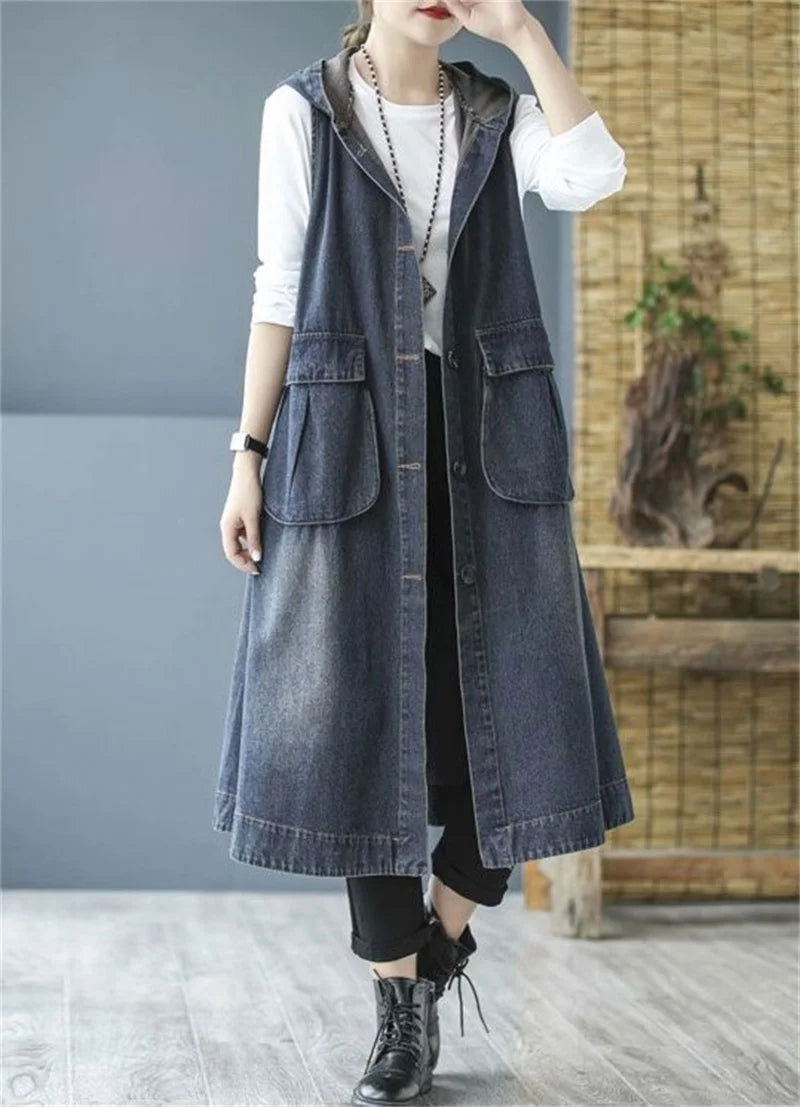 Loose Fit Hooded Denim Vest With Big Pockets For Women