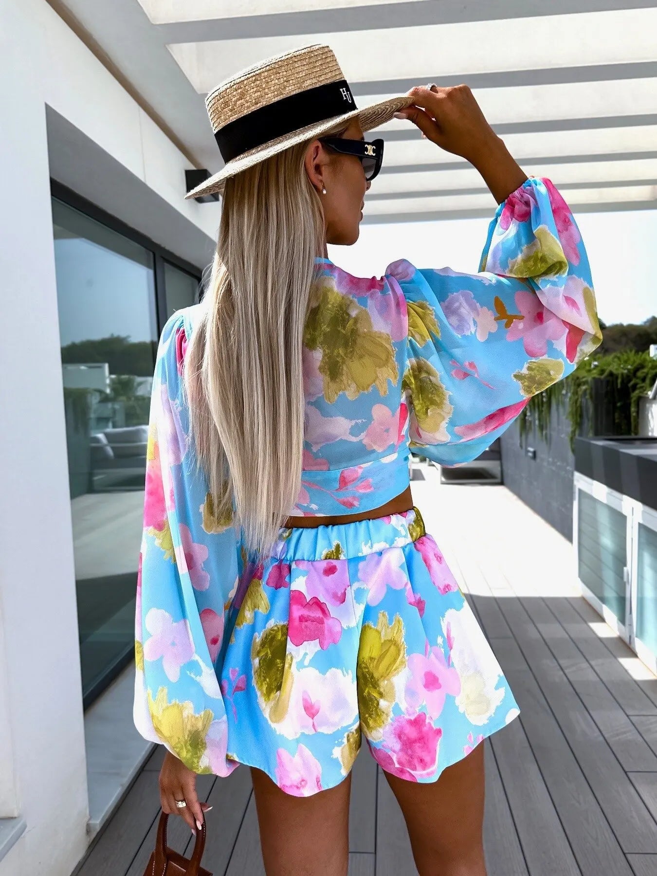 Lace-Up Lantern Sleeve Deep-V-Neck Chiffon Two-Piece Set for Women