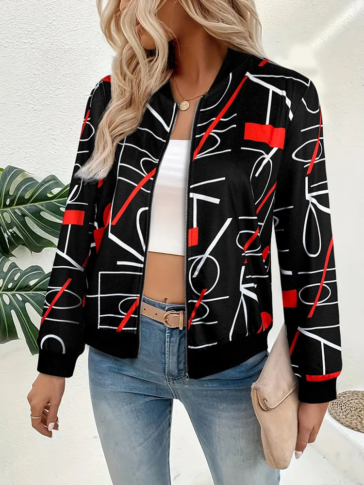 Women's Zip - Up Bomber Jacket, Zebra Print Design, Long - Sleeve, Ideal for Casual & Streetwear, Must - Have Fall Outerwear