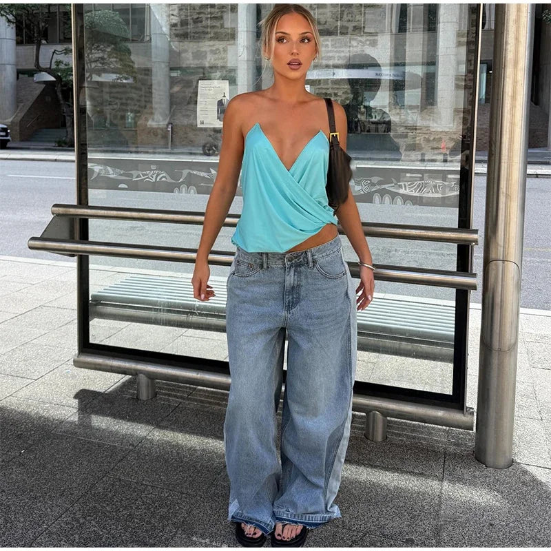 Loose Pleated Halter V Neck Backless Camisole Top for Women