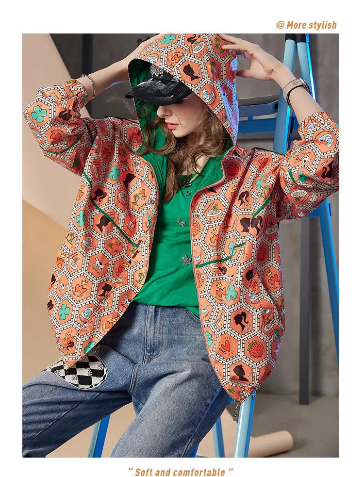 Women's Hooded Zipper Jacket, Casual Outerwear, Loose Tops, Print Doodle Coats, Female Clothing, Autumn, Winter, New