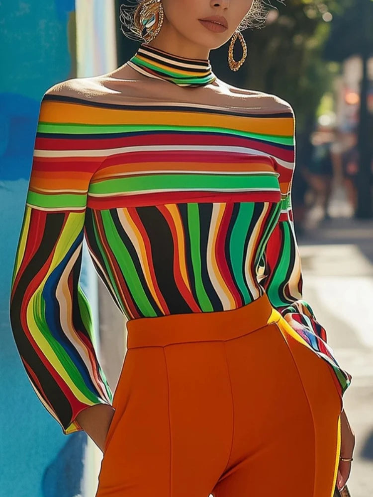 Beautyblue Summer Clothes Camouflage Clothes Women Striped T-Shirts Wave Button Halter-Neck Loose Fashion Sleeves Female Tops