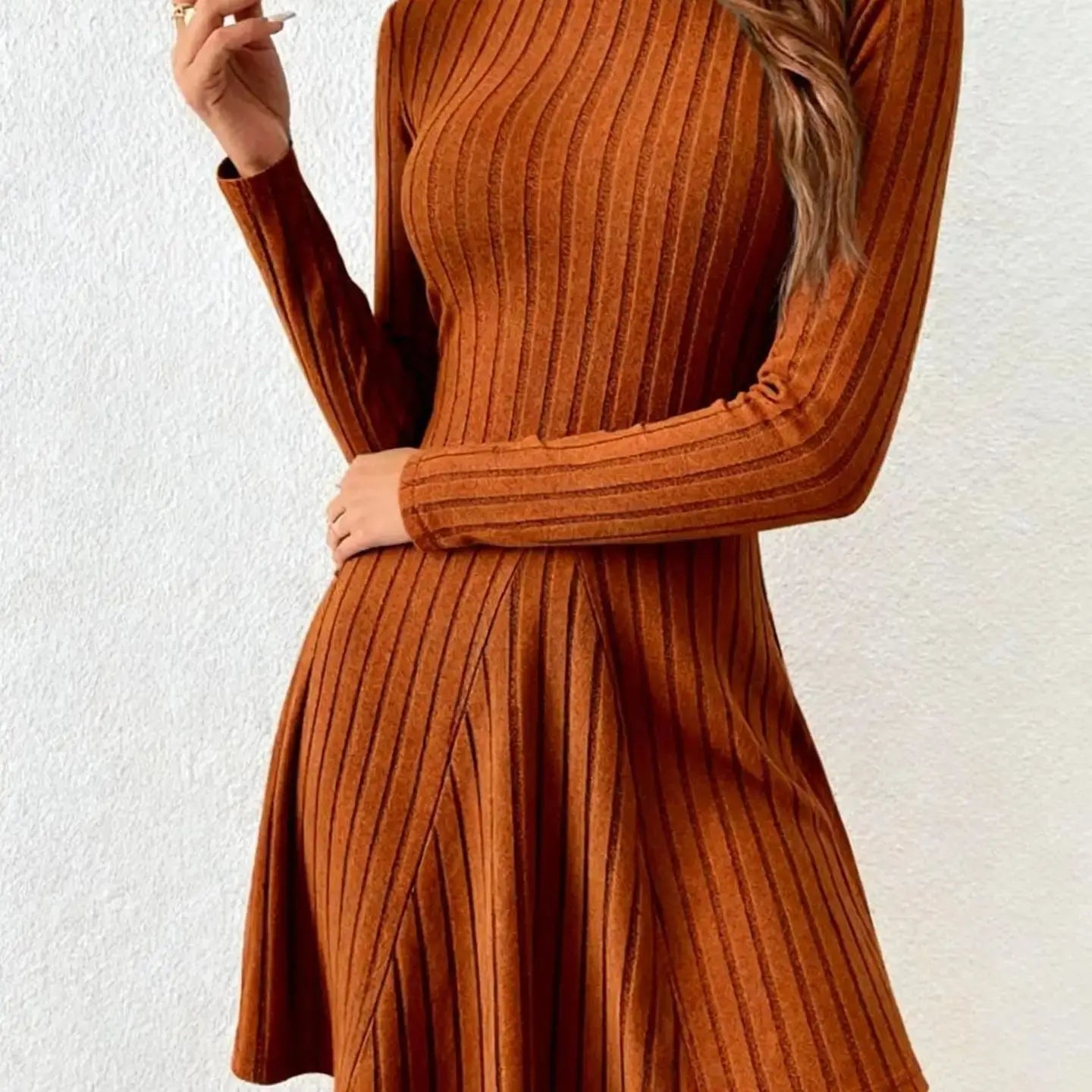 2026 New European and American Women's Slim Fit Half-Turtleneck Waist-Cinch A-Line Ribbed Long-Sleeve Dress
