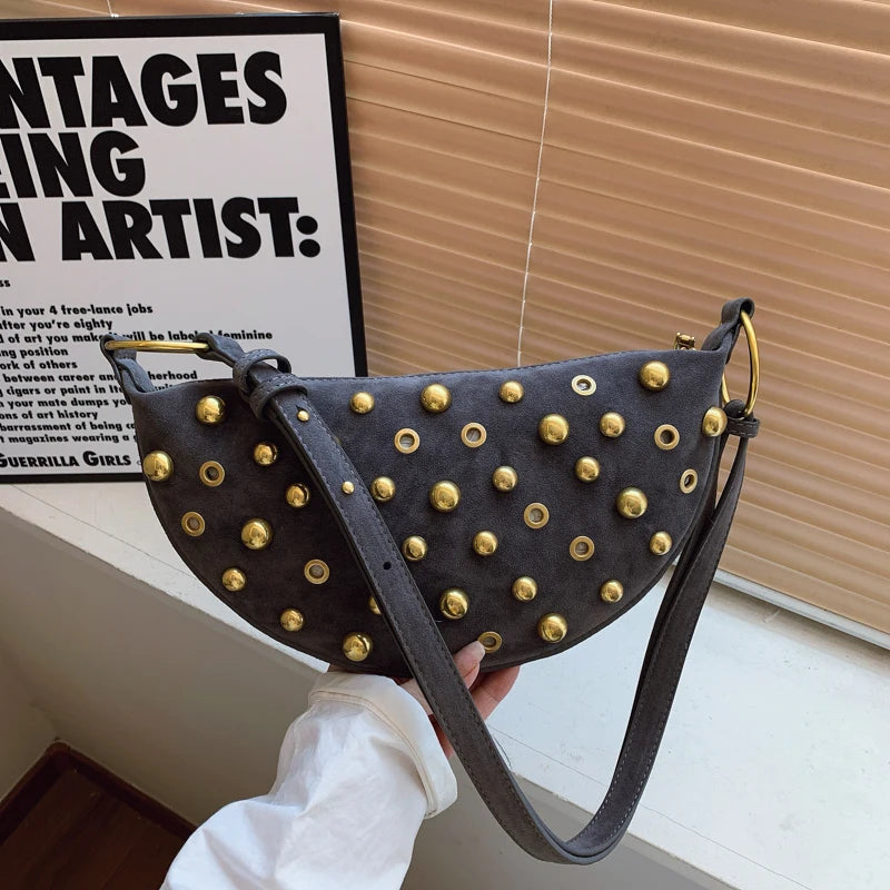 Faux Suede Rivet Half Moon Shoulder Bag for Women