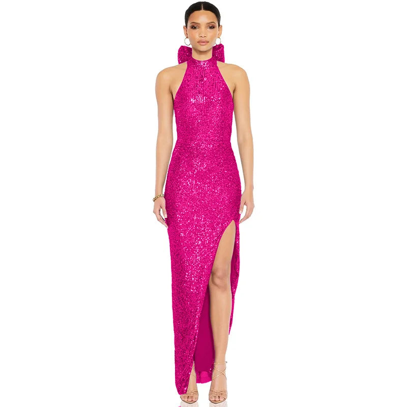 Glitter Sequin Bow Halter Elegant Maxi Dress for Women