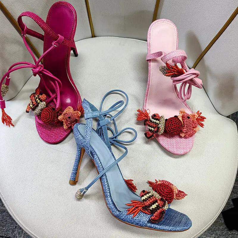 Pink Lace-Up Ankle Wrap Stiletto Sandals for Women