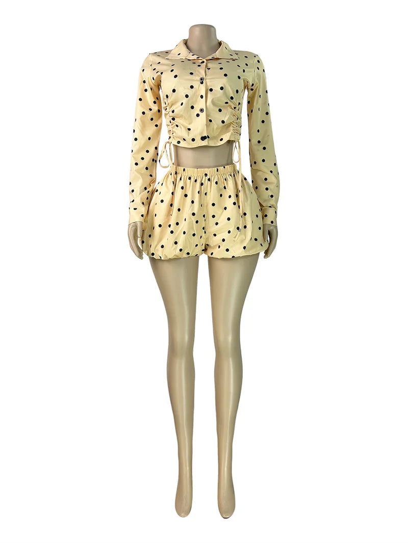 Polka Dot Ruched Turn-Down Collar Shirt and Shorts Set for Women