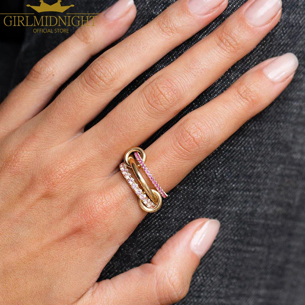 Gold Tone Pink Zircon Stacking Band Rings for Women