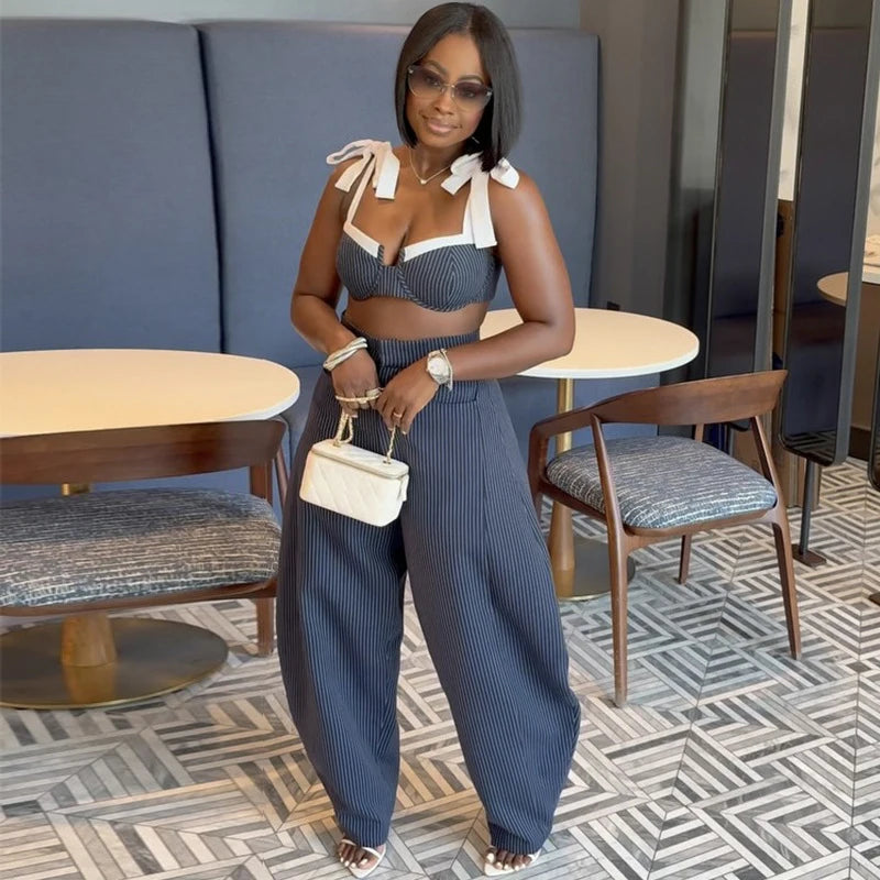 Striped Bow Crop Top And Wide Leg Pants Set For Women
