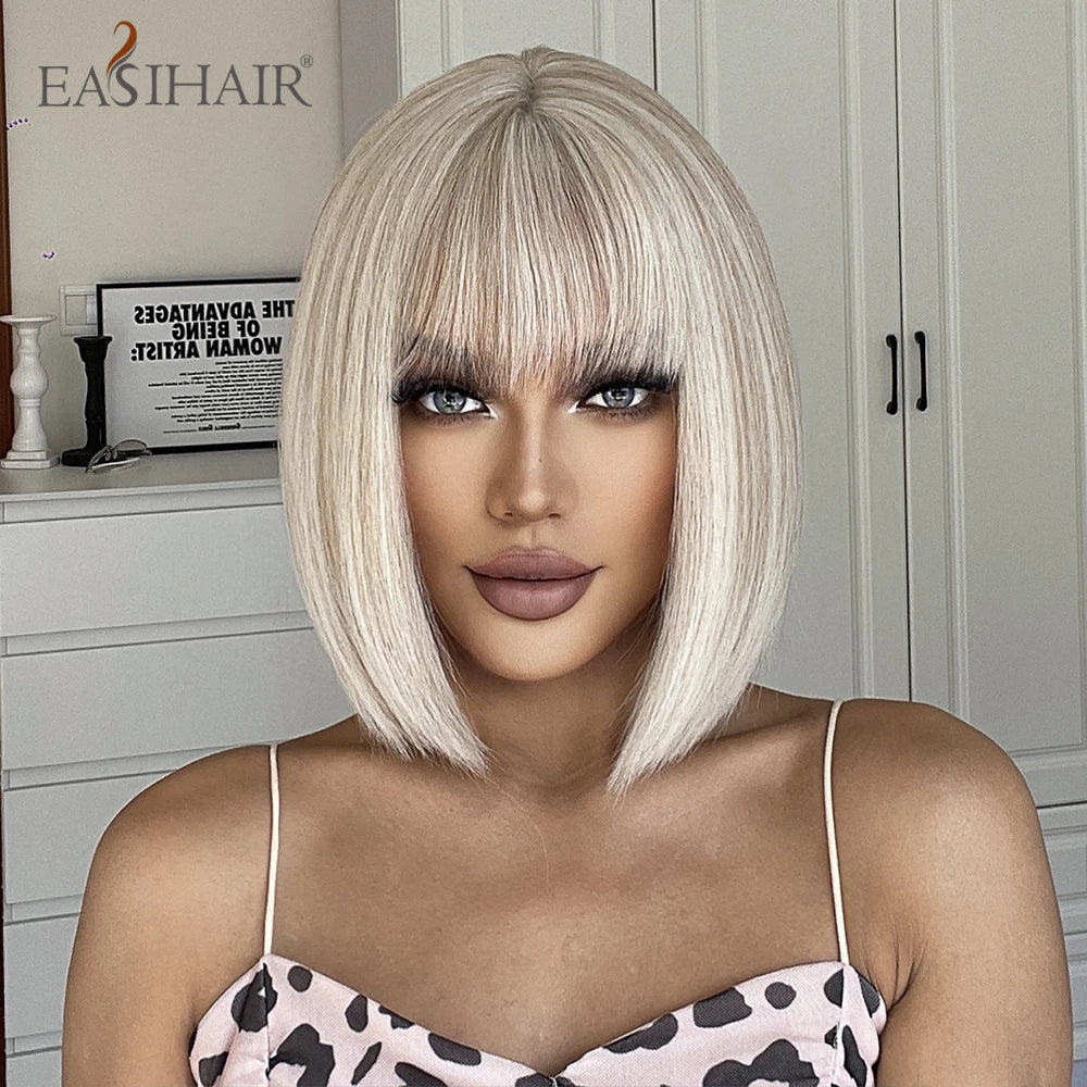 Light Blonde Bob Wig With Bangs for Women Heat Resistant