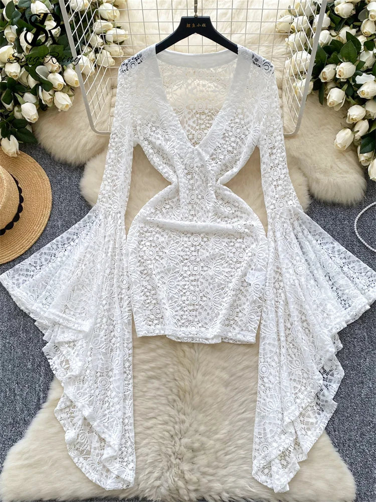 Sheer Lace V Neck Mini Dress With Flared Sleeves for Women