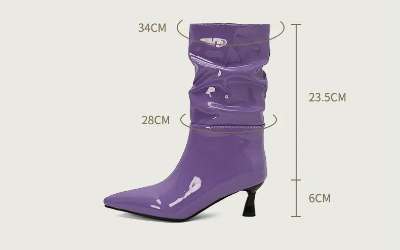 Patent Leather Pointed Toe Mid Calf Slouch Boots for Women