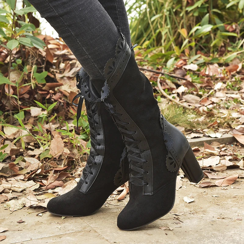 Vintage Lace Up Ruffle Hoof Heel Knee High Boots For Women