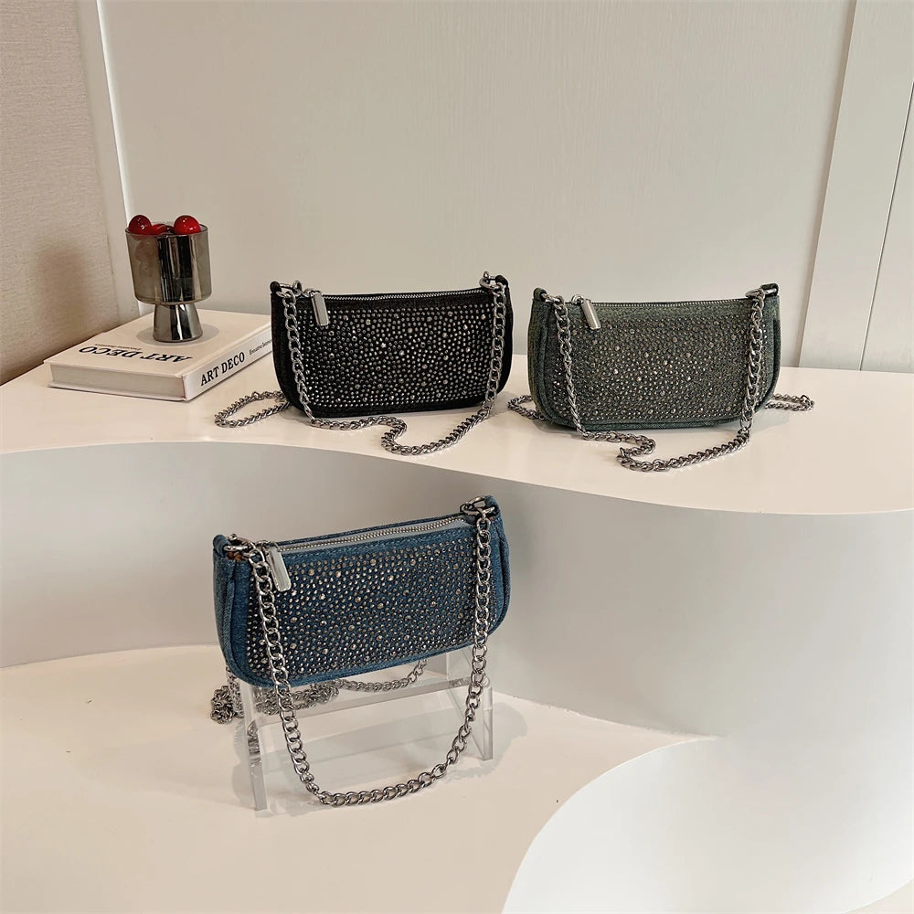 Rhinestone Appliqued Chain Shoulder Crossbody Bags for Women