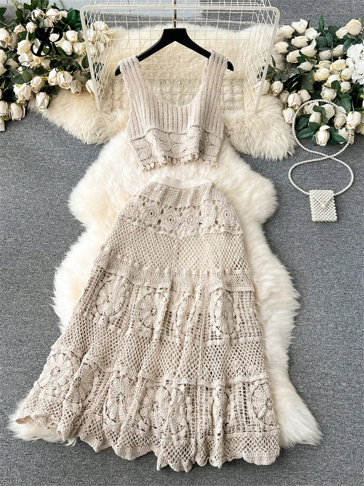Bohemian Knit Tassel Crop Top and Skirt Set for Women