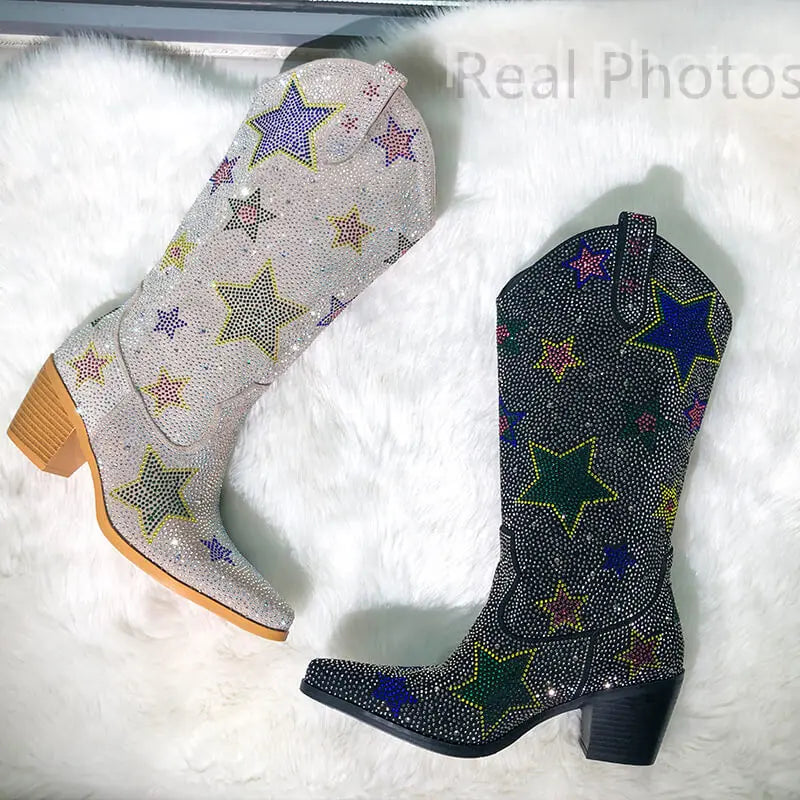 Rhinestone Lace Up Mid Calf Western Boots for Women